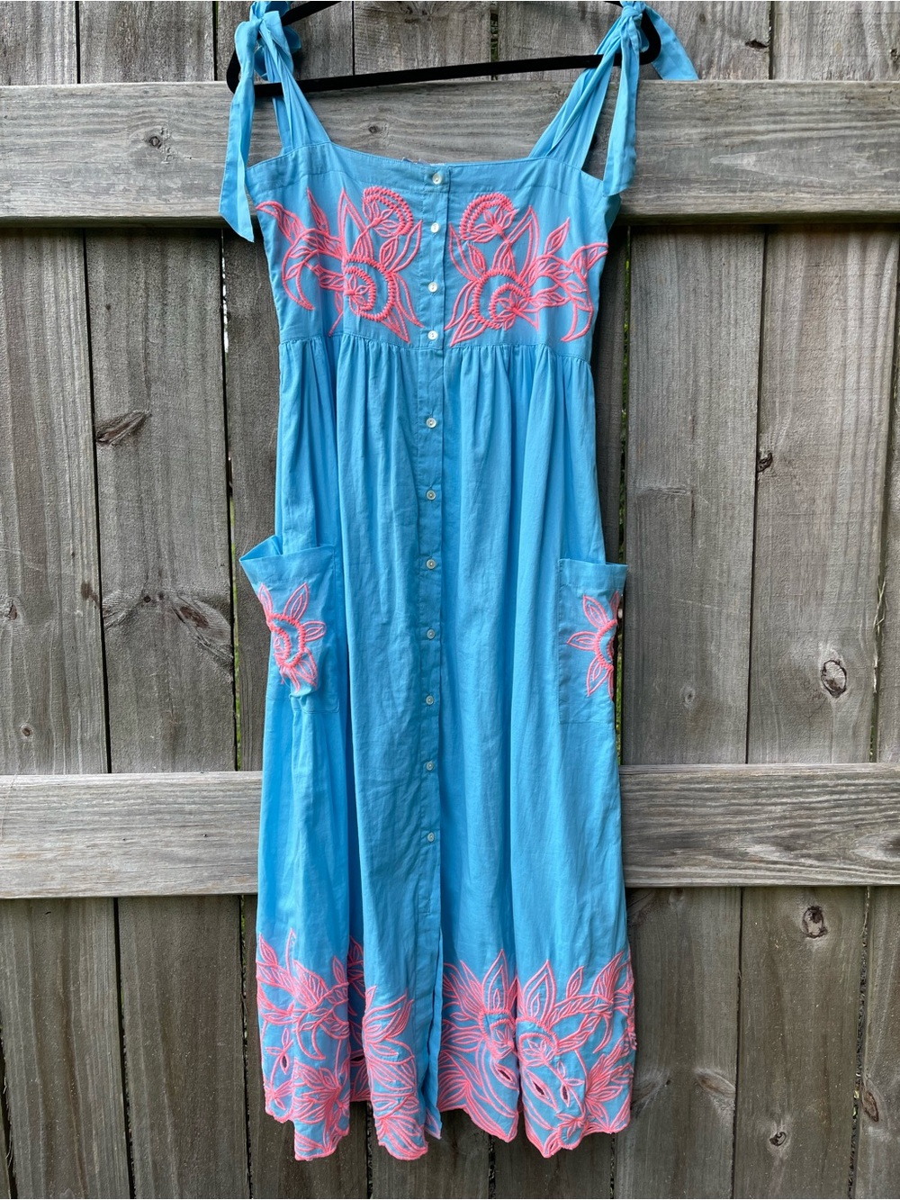 Juliet Dunn Turquoise Midi Dress with Pink Floral Embroidery